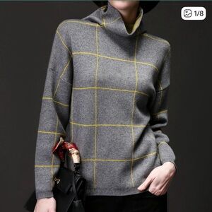 Gray and Yellow Plaid Women's Sweater